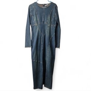Zara Form Fitting Jean Long Sleeve Maxi Dress Flattering Viral Jean Dress Sz XL
